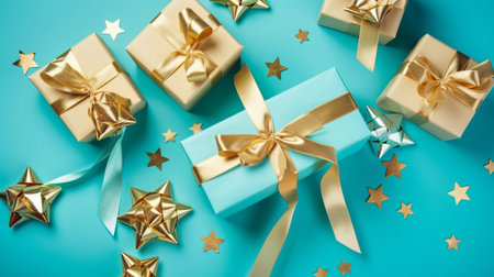 Gift boxes golden stars and ribbonsの素材