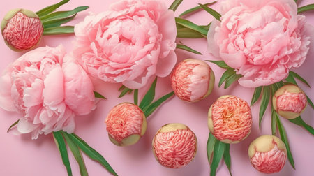 Spring peony flowers on pink pastel backgroundの素材