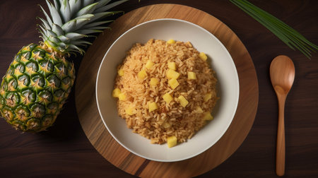 A view of a plate of pineapple fried riceの素材
