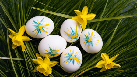 Easter eggs on meadow with daffodil flowerの素材