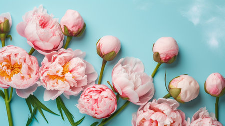 Spring peony flowers on blue pastel backgroundの素材