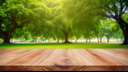 Empty wood table top and blurred green treeの素材