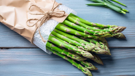 Fresh raw Green asparagus in paper bagの素材