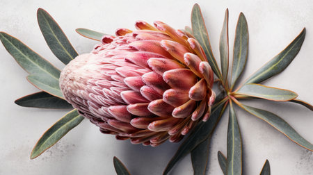 dry  dried pink Protea flower with single leafの素材