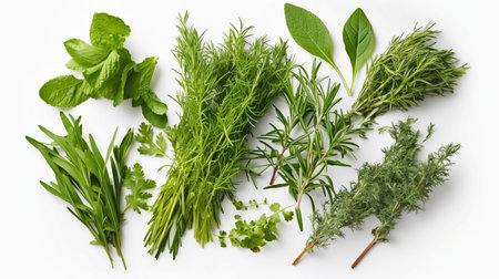 Collection of fresh herb leaves. arugula and basilの素材