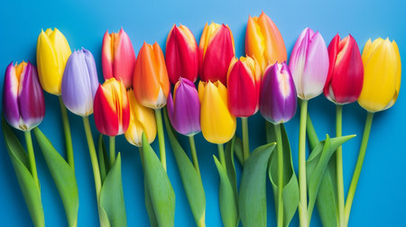 Spring rainbow tulip flowers on blue backgroundの素材