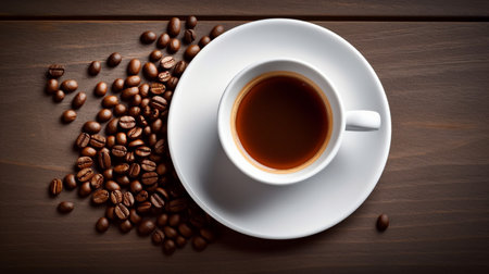 white cup and saucer with freshly brewed strong black coffeeの素材