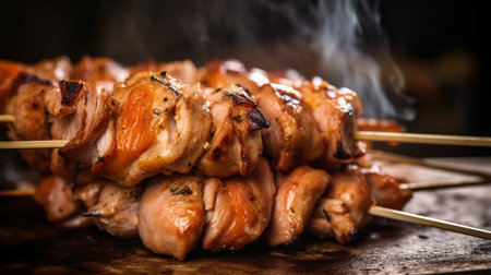 A stack of grilled chicken on a skewer friedの素材