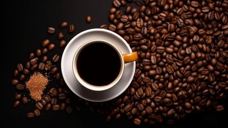 Cup of coffee and coffee beans on gold black backgroundの素材