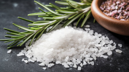 Sea salt scented herb rosemary on black stoneの素材