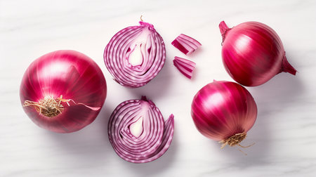 A set of whole and sliced red onion isolatedの素材
