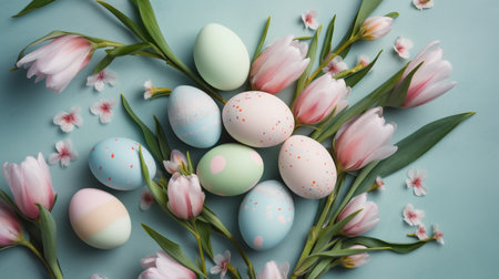 Easter greeting card with pastel easter eggsの素材