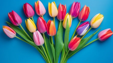 Spring rainbow tulip flowers on blue backgroundの素材