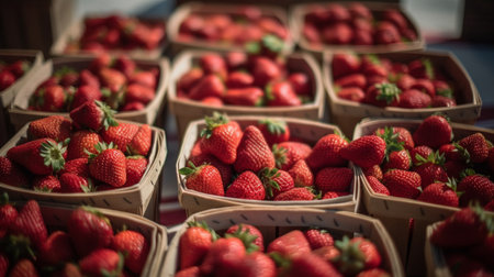 Lots of baskets with fresh ripe strawberries for saleの素材