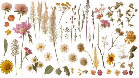 collection of pressed dry garden flowersの素材