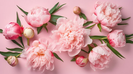 Spring peony flowers on pink pastel backgroundの素材