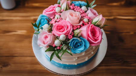 A beautiful home wedding three-tiered cake decoratedの素材