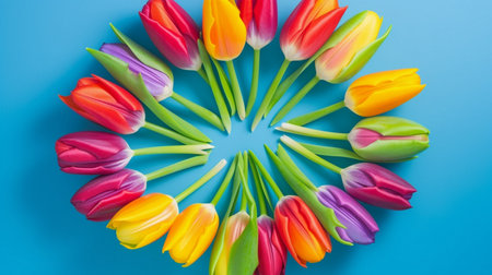 Spring rainbow tulip flowers on blue backgroundの素材