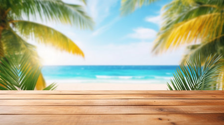 Empty wooden table over blurred sunny tropical beachの素材