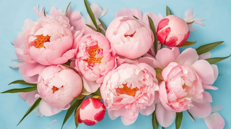 Spring peony flowers on pink blue pastel backgroundの素材