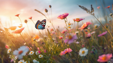 Nature with Beautiful butterfly and blooming springの素材