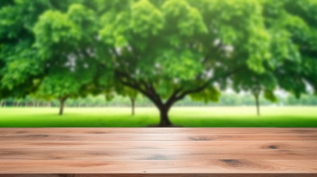 Empty wood table top and blurred green treeの素材
