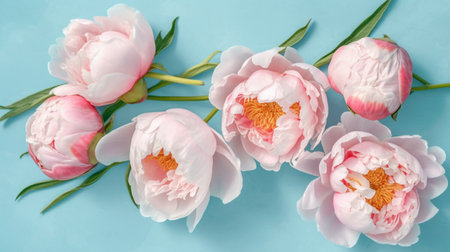 Spring peony flowers on blue pastel backgroundの素材