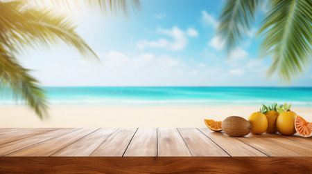 Empty wooden table over blurred sunny tropical beachの素材
