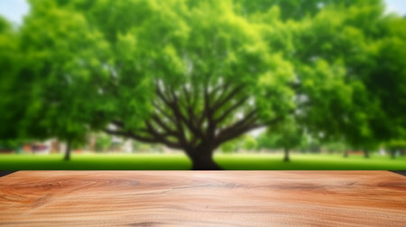 Empty wood table top and blurred green treeの素材