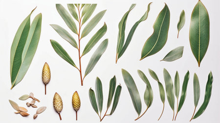 collection of shiny green golden dry Protea leavesの素材