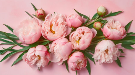 Spring peony flowers on pink pastel backgroundの素材