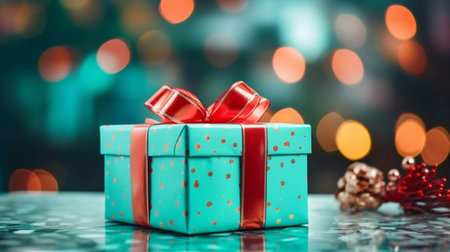 Christmas gift box against turquoise bokeh backgroundの素材