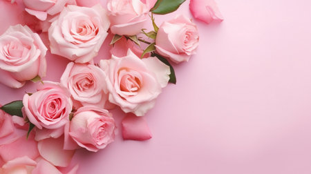 Spring roses flowers on pink pastel backgroundの素材