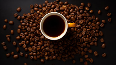 Cup of coffee and coffee beans on gold black backgroundの素材