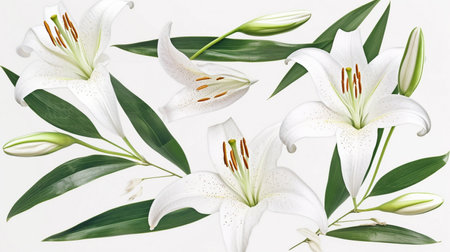 watercolor lily flowers and green leavesの素材