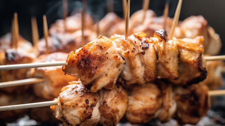 A stack of grilled chicken on a skewer friedの素材