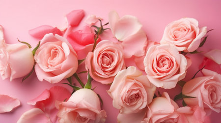 Spring roses flowers on pink pastel backgroundの素材