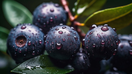 Organic blueberries in raindrops on the bushの素材
