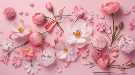 Spring flowers on pink pastel backgroundの素材