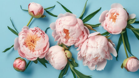 Spring peony flowers on blue pastel backgroundの素材