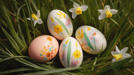 Easter eggs on meadow with daffodil flowerの素材