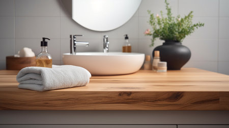 Wooden tabletop with blurred bathroom backgroundの素材