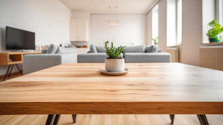 Empty wooden tabletop with blurred living room backgroundの素材