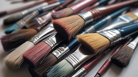 Paintbrushes of different size and paint canの素材