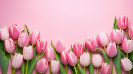 Floral border of tulip and rose flowers on pink backgroundの素材