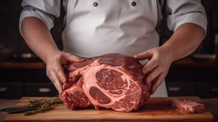 A man in a leather apron holds a piece of raw meatの素材