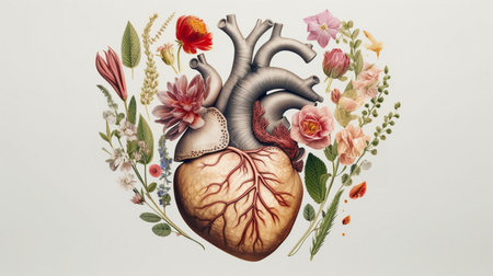 Beautiful anatomic heart with flowers and leavesの素材