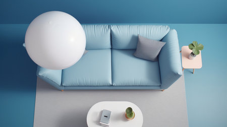 Soft blue sofa on blue backgroundの素材