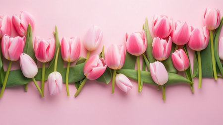 Floral border of tulip and rose flowers on pink backgroundの素材