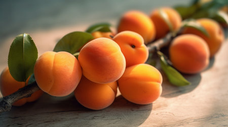 A bunch of ripe apricots branch in sunlightの素材